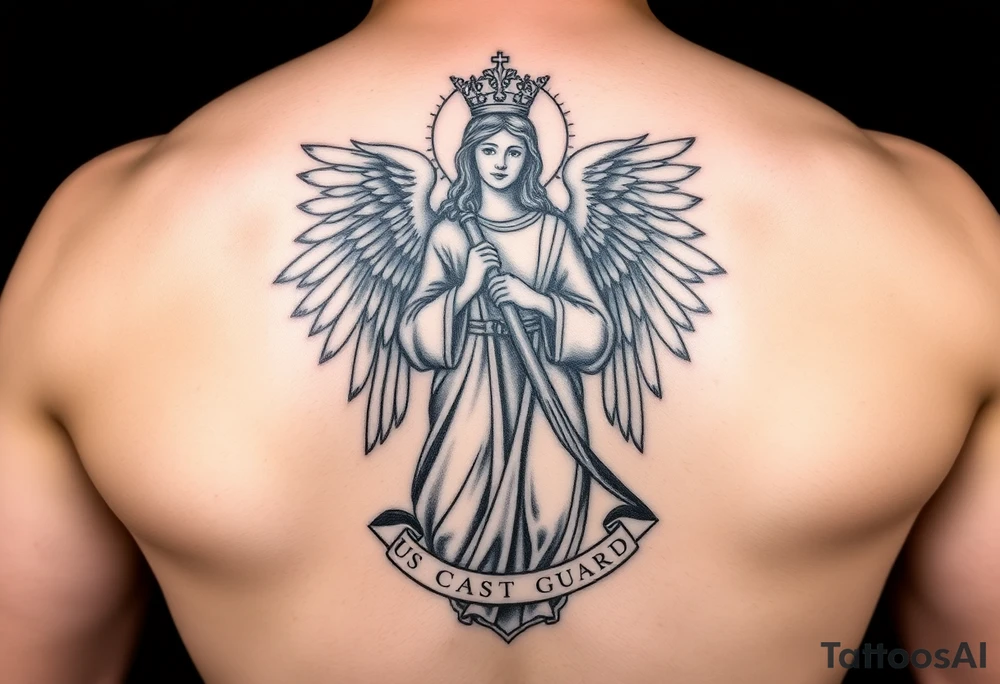 Female us coast guard officer protected by guardian angel statue religious tattoo idea