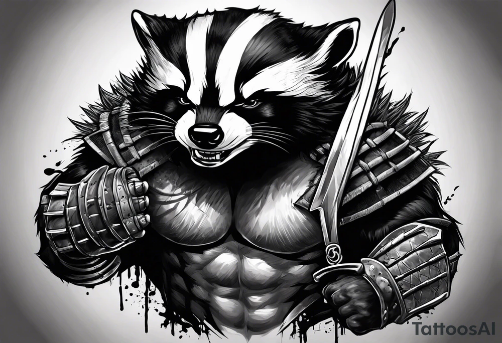 Draw me psychopath Badger/Wolverine with aggressive full body, killer face with a scary smile, very long nails and he attacks like a Bloody Assassin/Warrior/Gladiator to us and also, he has very deadly looking. He fights with his nails. Everybody scares after their first sight. Give me horror type Badger Tattoo. I want to see his Realistic full body. tattoo idea