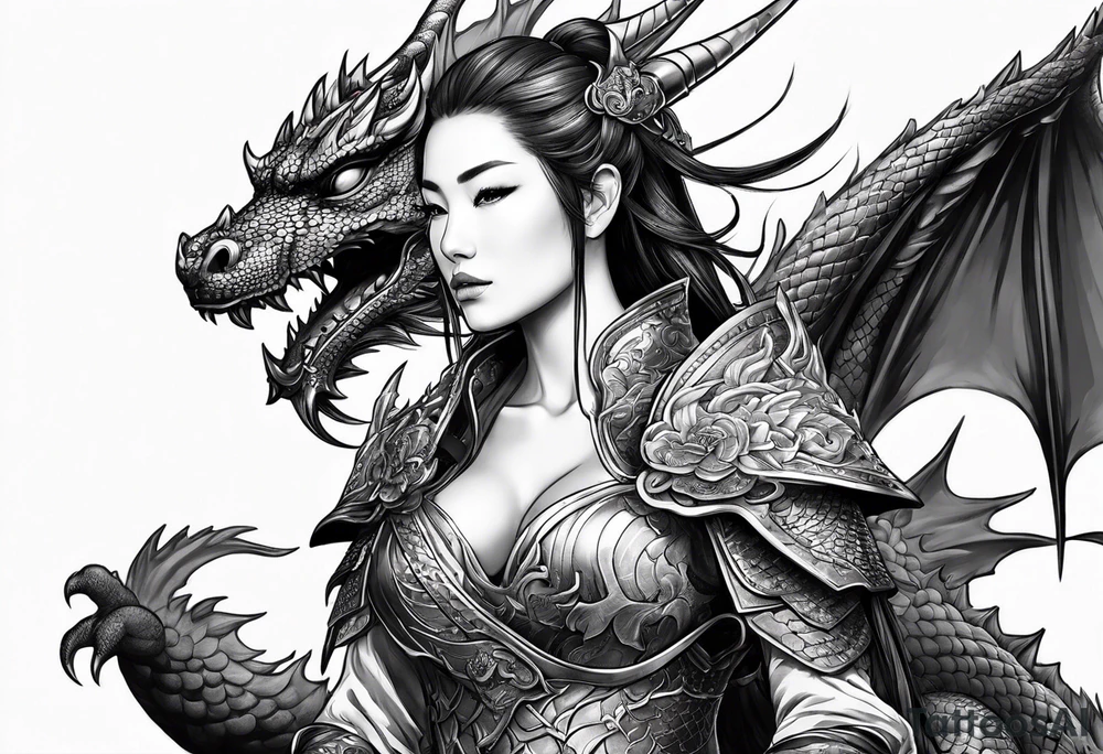 beautiful warrior woman wearing dragon armor and a dragon  flying tattoo idea