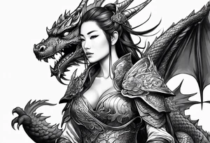 beautiful warrior woman wearing dragon armor and a dragon  flying tattoo idea