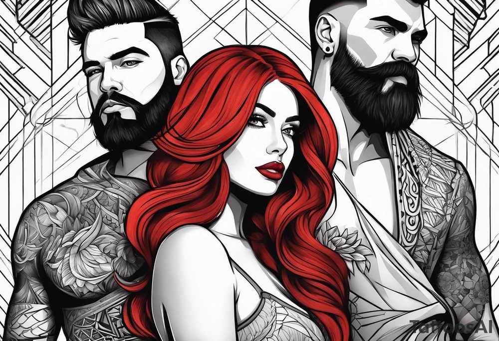 Busty Red haired woman with black haired bearded man tattoo idea