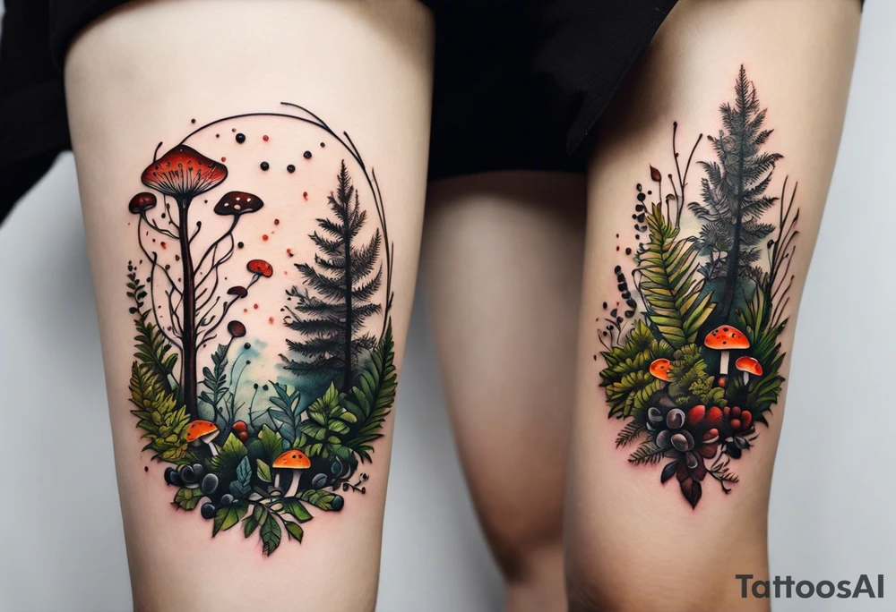 minimalistic forest floor inspired tattoo, which includes grass, moss, curly ferns and dead leaves as the bulk of the tattoo. details to include: forest berries, couple of very small brown mushrooms, a tiny bumblebee flying nearby tattoo idea