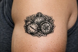 A cluster of large pocket watches, two open, one closed, with a Celtic knots surrounding. tattoo idea