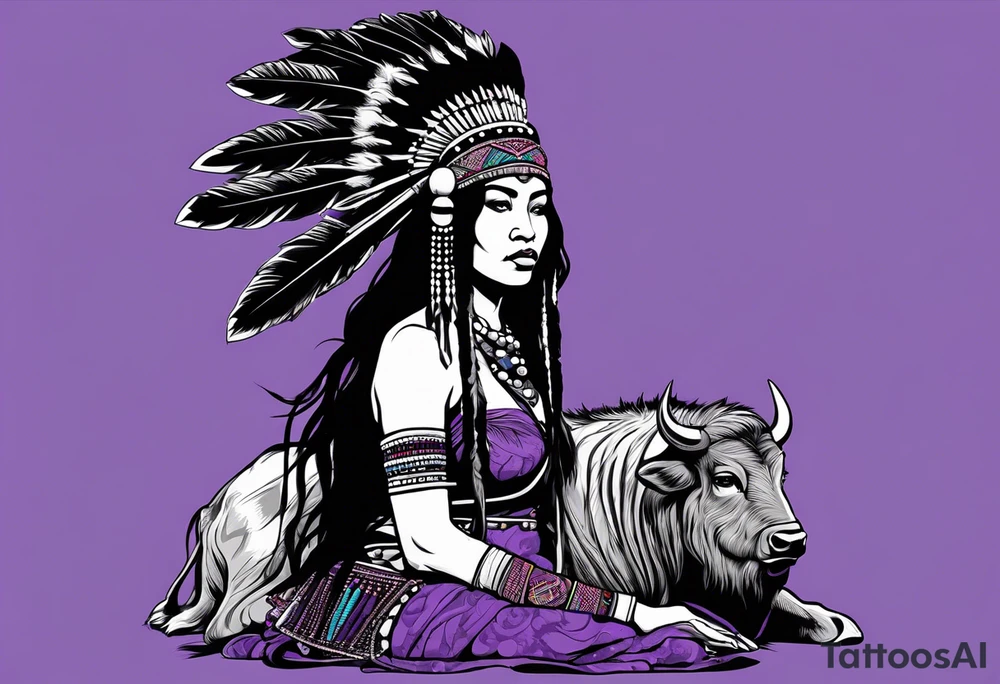 native woman female warrior with quiver on her back. she is wearing bead headband. she is sitting on a purple buffalo, the buffalo is standing up, standing still tattoo idea