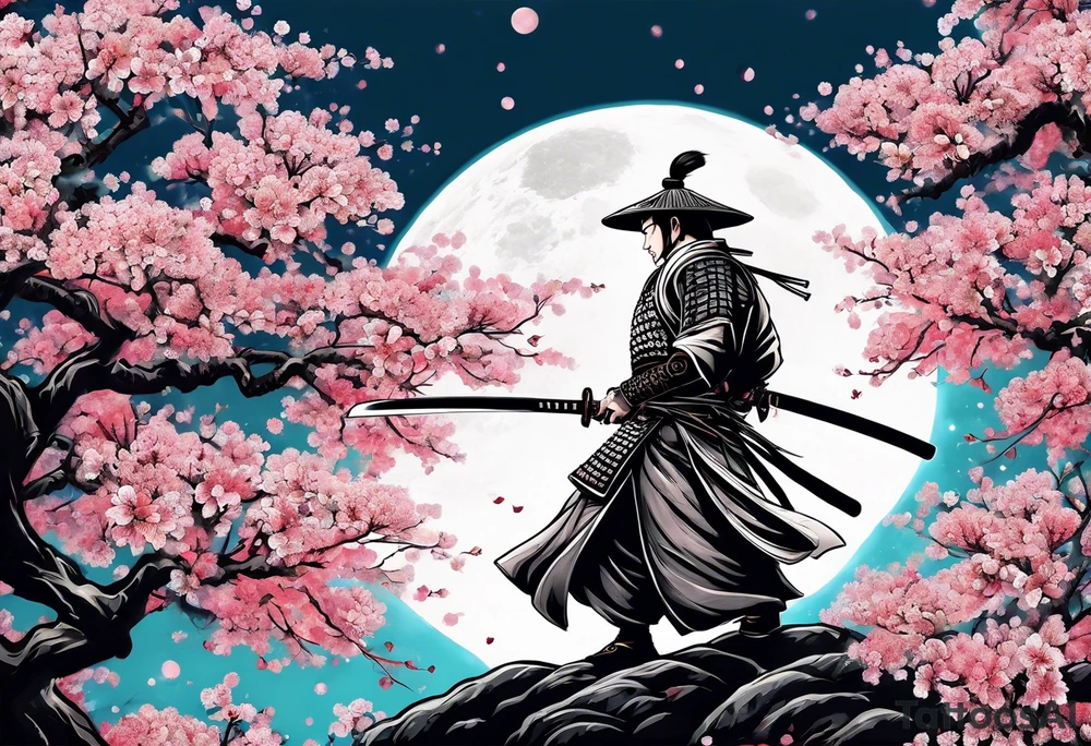 Japanese samurai sword sakura moon tattoo idea
