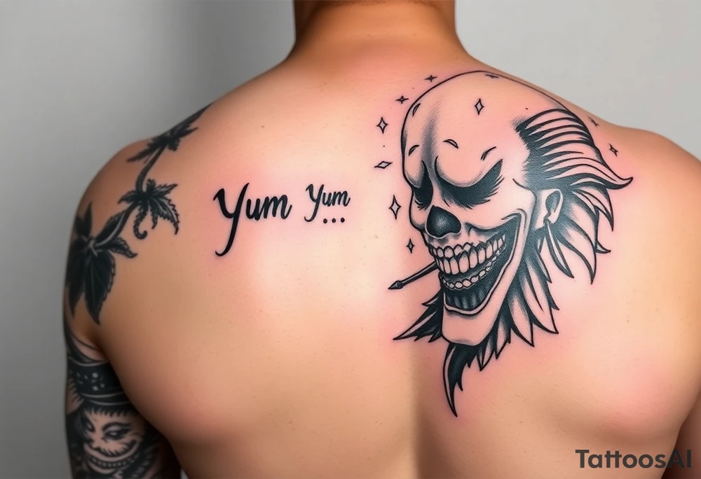 Yum yum bedlam from Insane clown posse
 Colorful full arm sleeve tattoo desgin women tattoo idea