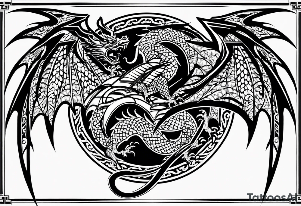 A black and white tattoo design of a flying dragon with spread wings. The dragon is a fusion of Chinese traditional and tribal styles, featuring detailed scales, claws, and a fierce expression.
The wings incorporate bold, sharp tribal patterns, while the body retains traditional Chinese elements like flowing lines and intricate details.
The design is centralized, intended for placement on the forearm, with a symmetrical and powerful appearance. The overall look is balanced with a mix of smooth curves and sharp angles, but just enough detail to ensure proper visibility tattoo idea