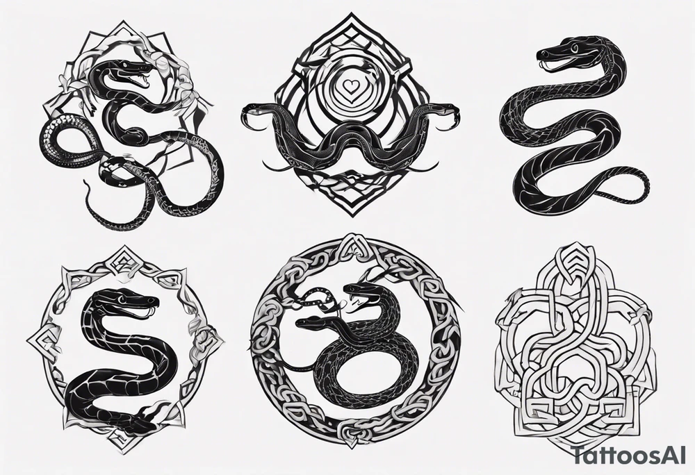 snakes interlocking around a Buddhist amulet that represents strength, protection, and love tattoo idea