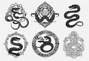 snakes interlocking around a Buddhist amulet that represents strength, protection, and love tattoo idea