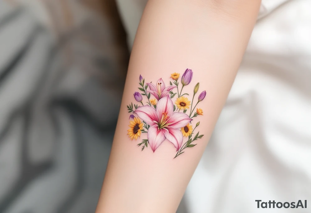 Dainty Stargazer lillies pale pink with no outline 
with small yellow sunflowers and pale purple tulip buds in a dainty wildflower bouquet with light green stems tattoo idea