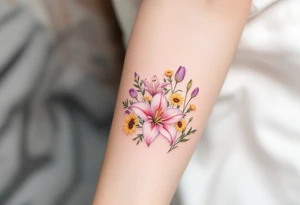 Dainty Stargazer lillies pale pink with no outline 
with small yellow sunflowers and pale purple tulip buds in a dainty wildflower bouquet with light green stems tattoo idea