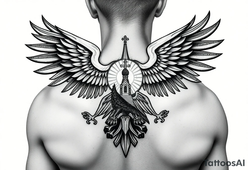 an actual russian coat of arms with the eagles wings spanning out on my back neck across my shoulders / traps with a orthodox christian church being visible in a mountainous sun beaming setting, with the russian orthodox cross spire of the orthodox church being visible on my neck with a sun beaming in the background that the cross sits inside tattoo idea