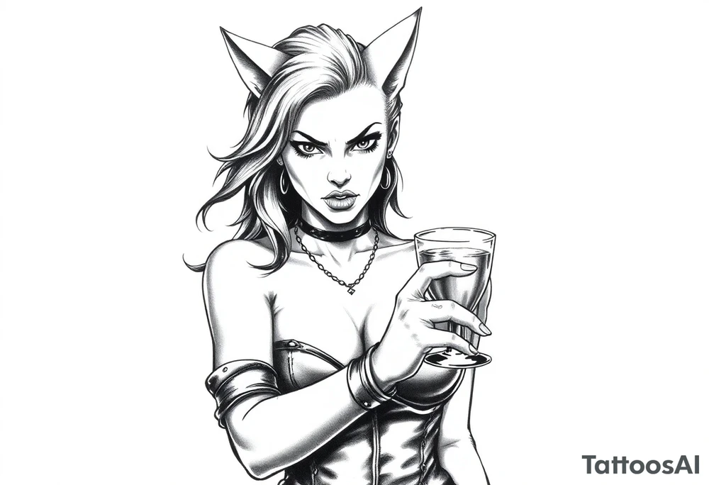 naked catgirl, slut, angry, leather, holding cocktail tattoo idea