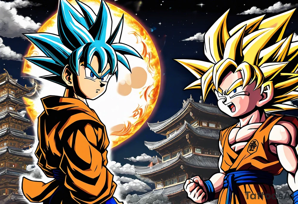 Son-Goku as a child in the foreground and an older version of him as a super saiyajin behind him. A huge dragonball surrounds the whole scenery. Fokus friends are behind him as shadows tattoo idea