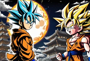 Son-Goku as a child in the foreground and an older version of him as a super saiyajin behind him. A huge dragonball surrounds the whole scenery. Fokus friends are behind him as shadows tattoo idea