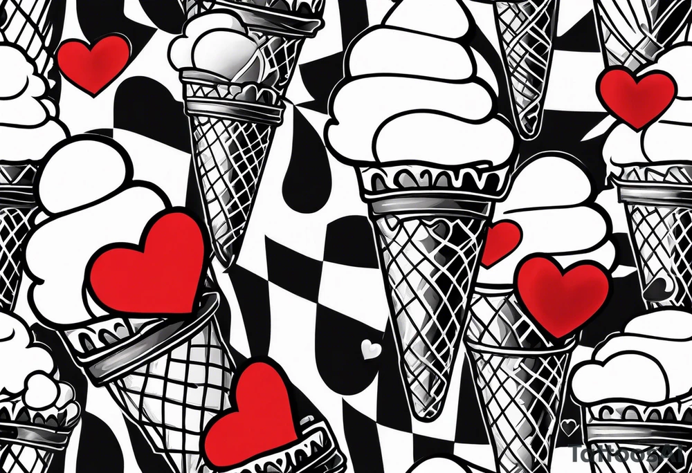 black and white ice cream cone with small red heart on it somewhere. tattoo idea