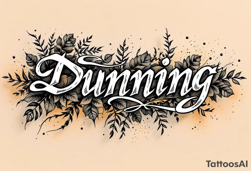 Dunning, Details include name in white color,angel wing, rain drop jungles leaves,cool font, gold tattoo idea