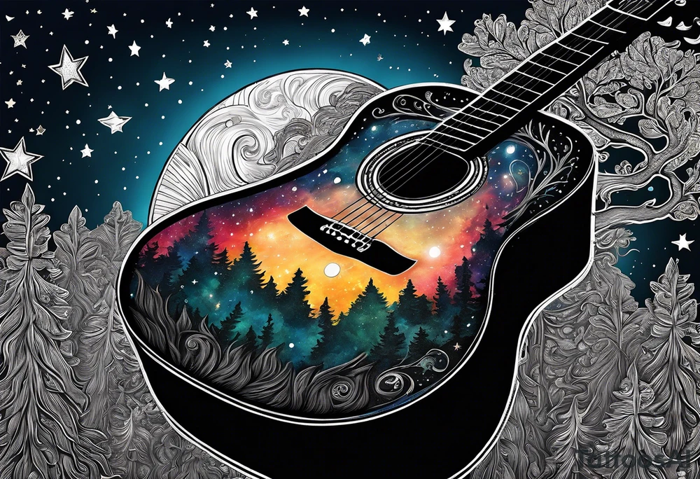 acoustic black guitar made out of trees and a night sky with a bright star tattoo idea