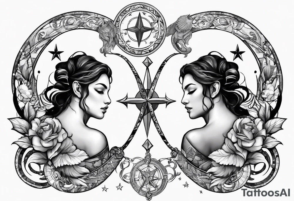 Zodiac sign Pisces and Sagittarius over 2 Leo and 2 Capricorn tattoo idea