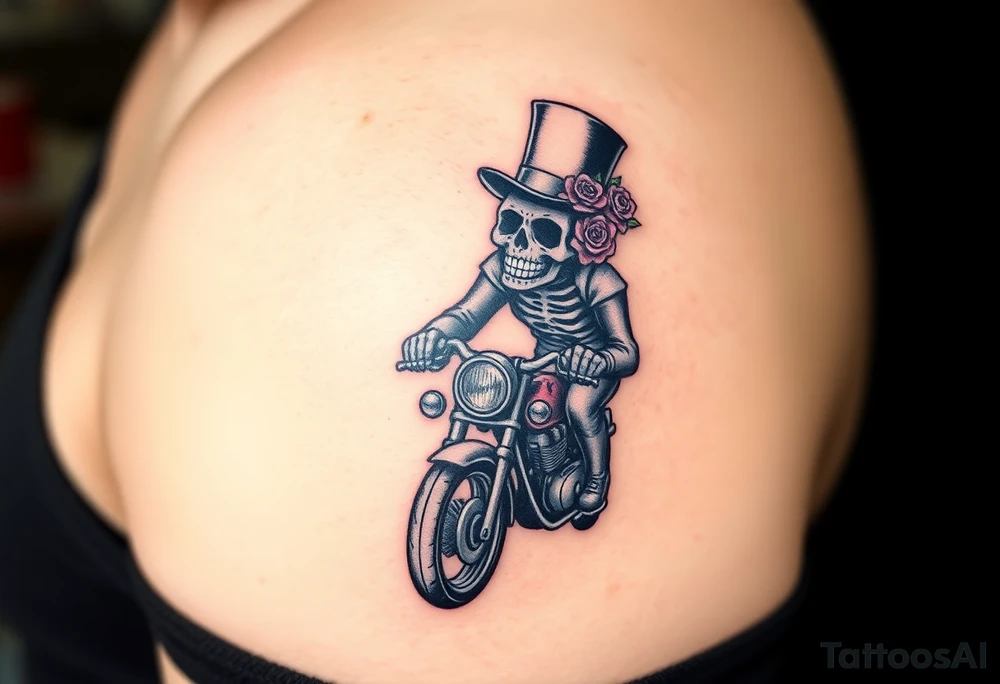 create an decorated "day of the dead skull" wearing a top hat with roses who is riding a retro motorcycle tattoo idea