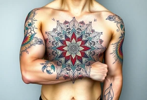 intricate mandala with sacred geometry and cosmic elements tattoo idea