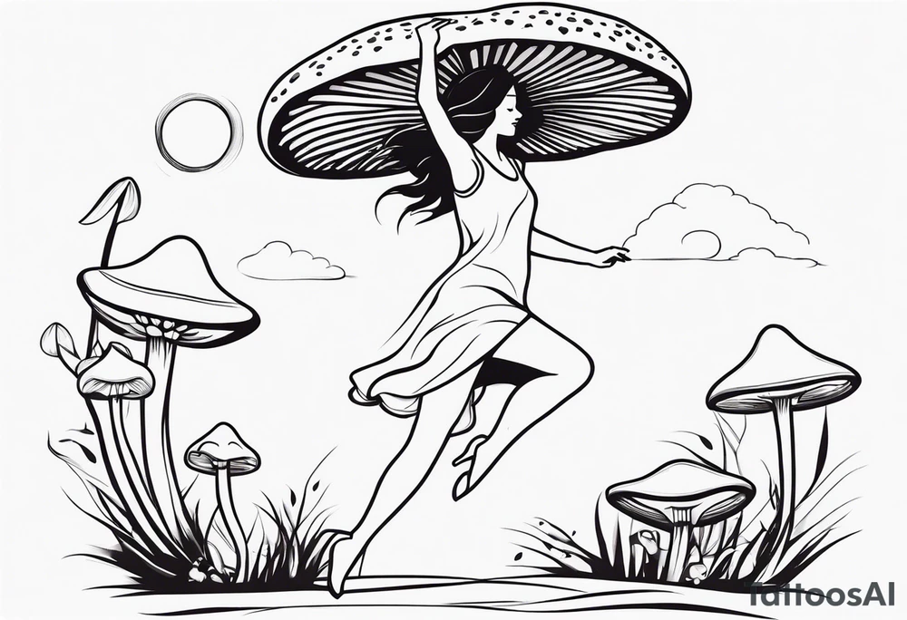woman dancing around a mushroom tattoo idea