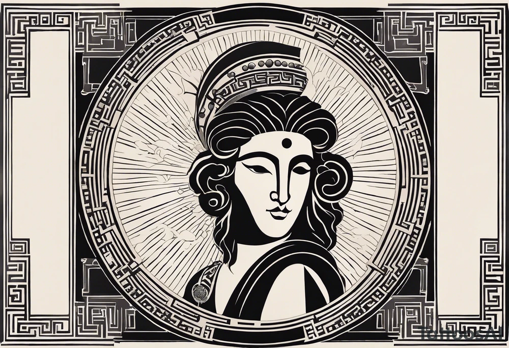 "Craft a minimalist tattoo design in the style of ancient Greek art, featuring Dionysus with his affection for theater. Depict Dionysus in a simplified yet elegant form, reminiscent of classical Greek sculpture, holding a theatrical mask and a goblet of wine. Surround him with subtle geometric patterns or motifs inspired by ancient Greek pottery, such as meanders or key patterns. Ensure the design maintains a minimalist aesthetic while incorporating elements that evoke the sophistication and timelessness of Greek art, capturing Dionysus's connection to both wine and theater in a visually striking manner." tattoo idea