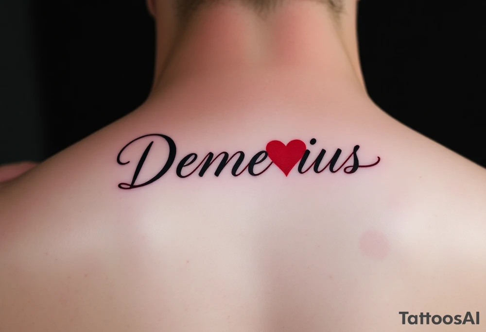 demarius name in cursive in red ink with a heart over the i tattoo idea