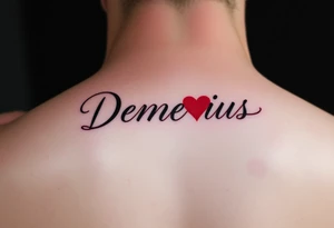 demarius name in cursive in red ink with a heart over the i tattoo idea