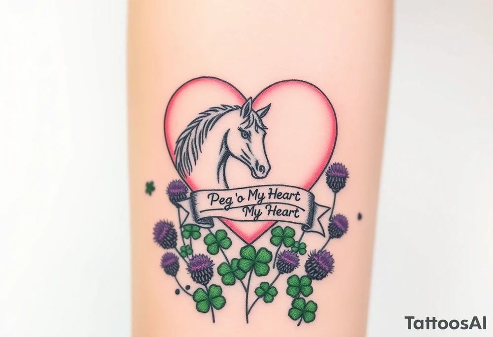 a big pale pink heart and a horse in a huge patch of green shamrocks, and purple thistles, with a banner across the heart that says Peg 'o My Heart tattoo idea