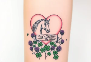 a big pale pink heart and a horse in a huge patch of green shamrocks, and purple thistles, with a banner across the heart that says Peg 'o My Heart tattoo idea