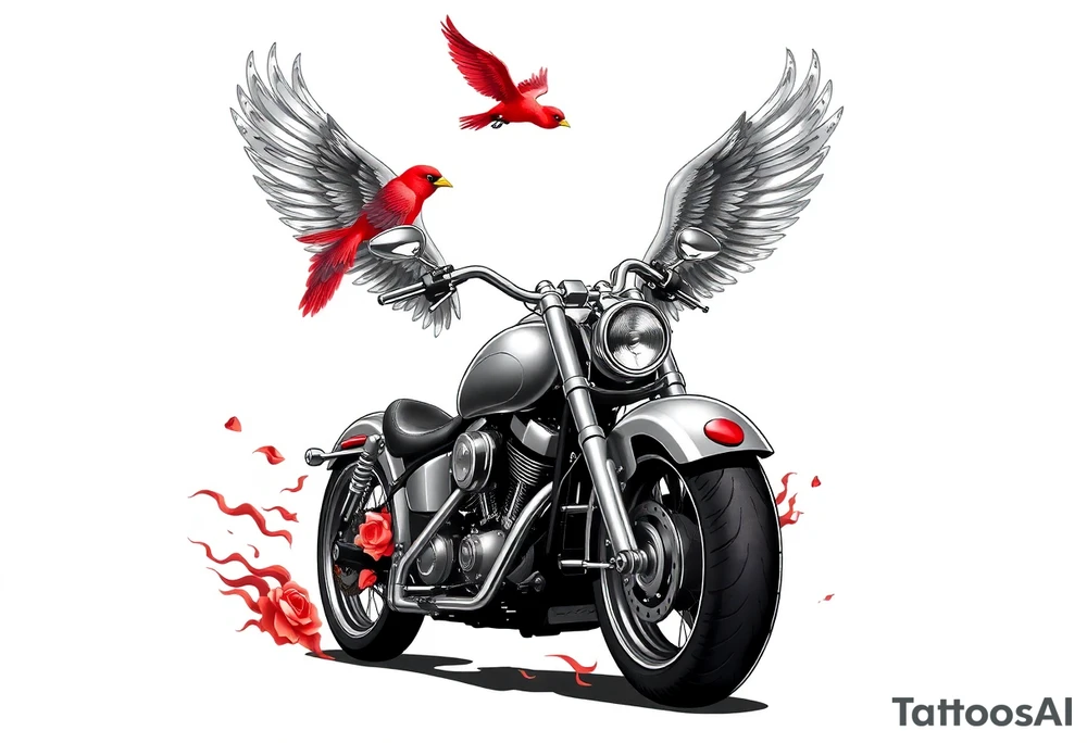 Harley grey motorcycle driving away, two red birds flying, roses, flames, angel wings tattoo idea
