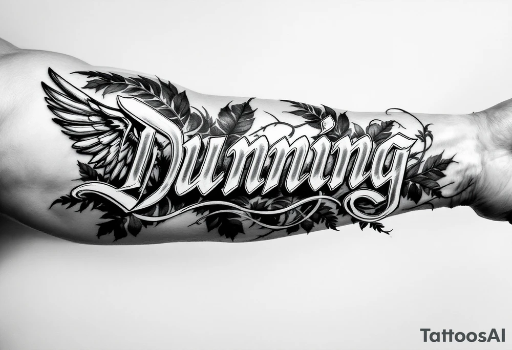 Dunning,on left arm details include angel wing, greek type of font,jungle leaves , tiger claw scratch tattoo idea