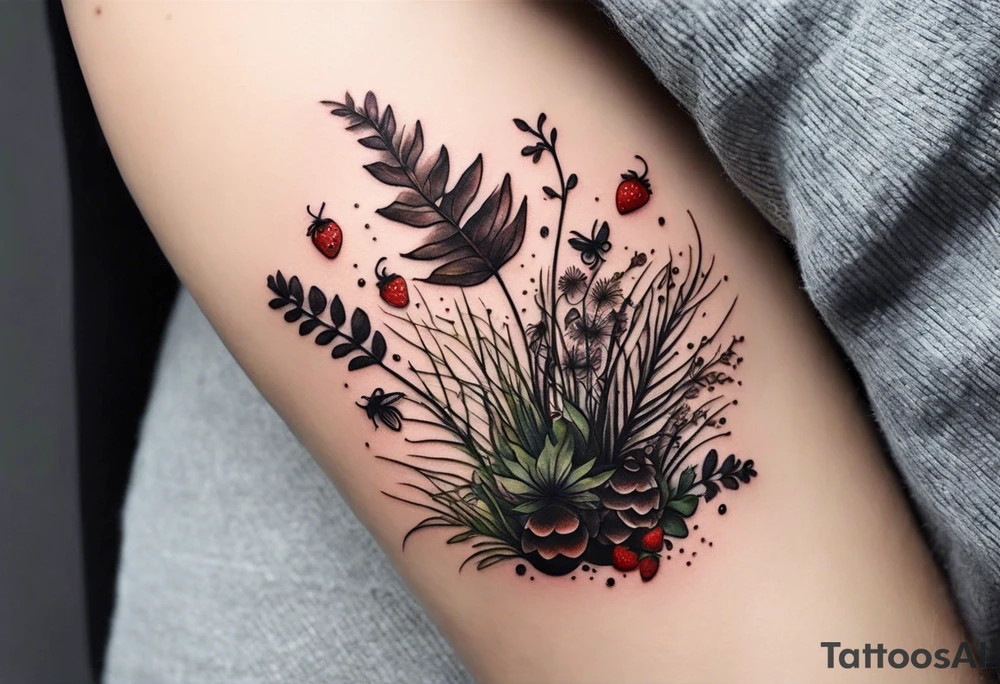 forest floor inspired minimalist tattoo, which includes grass, curly ferns and dead leaves as the bulk of the tattoo. details to include: three very tiny strawberries, a tiny bumblebee flying nearby, three small brown mushrooms tattoo idea