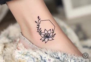 Leo sign, larkspur and water lily surrounded by a hexagon tattoo idea