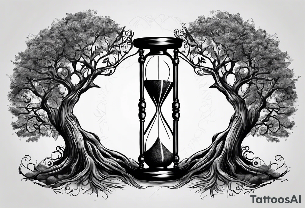 circle of life tree
the roots of the tree wrapped around a hour glass sand timer
the hour glass sand timer is below the tree with the roots wrapped around tattoo idea