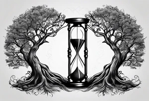 circle of life tree
the roots of the tree wrapped around a hour glass sand timer
the hour glass sand timer is below the tree with the roots wrapped around tattoo idea