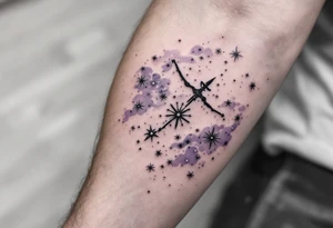 The Sagittarius constellation made of tiny white stars over a background of shaded lavender clouds and faint stardust. tattoo idea