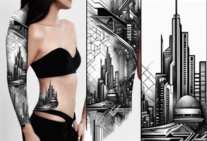 BLACK AND GREY
A tattoo featuring a futuristic cityscape with elements of music and technology integrated throughout tattoo idea