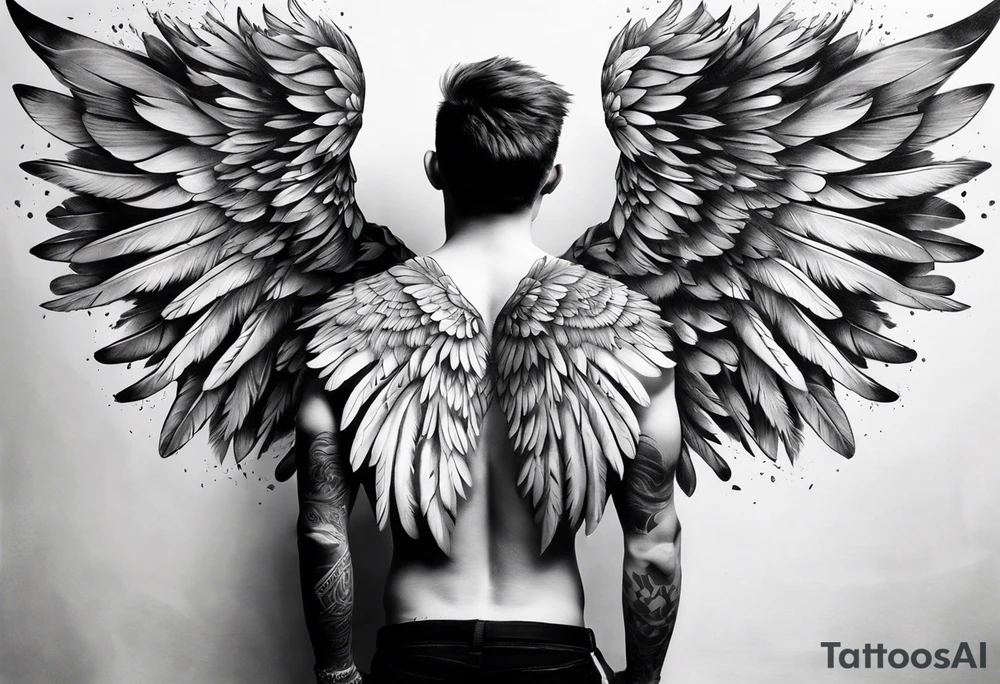 wings extending from a mens shoulders, covering the upper arms and upper back. The feathers are intricately detailed, with soft shading in black and gray to create depth and texture. The wings gently converge in the middle of the back, forming a harmonious and cohesive design. tattoo idea