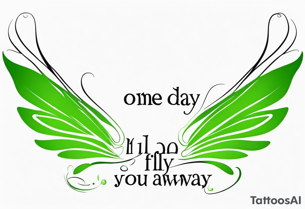 Green fairy wings with text “one day I’ll fly away” tattoo idea