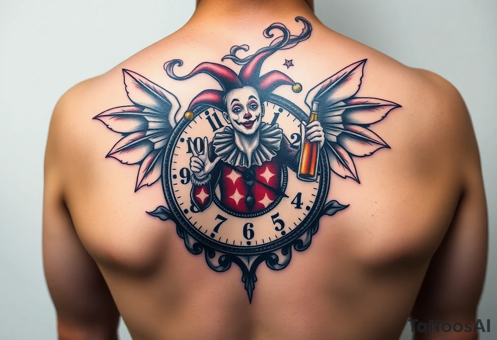 a jester clown floating in smoke with a  clock, the time says 420,  with two open wings besides the clock, smoke as the spring rising from the clock, a jester clown coming out the smoke, smoking in one hand with a liquor bottle on the other hand tattoo idea