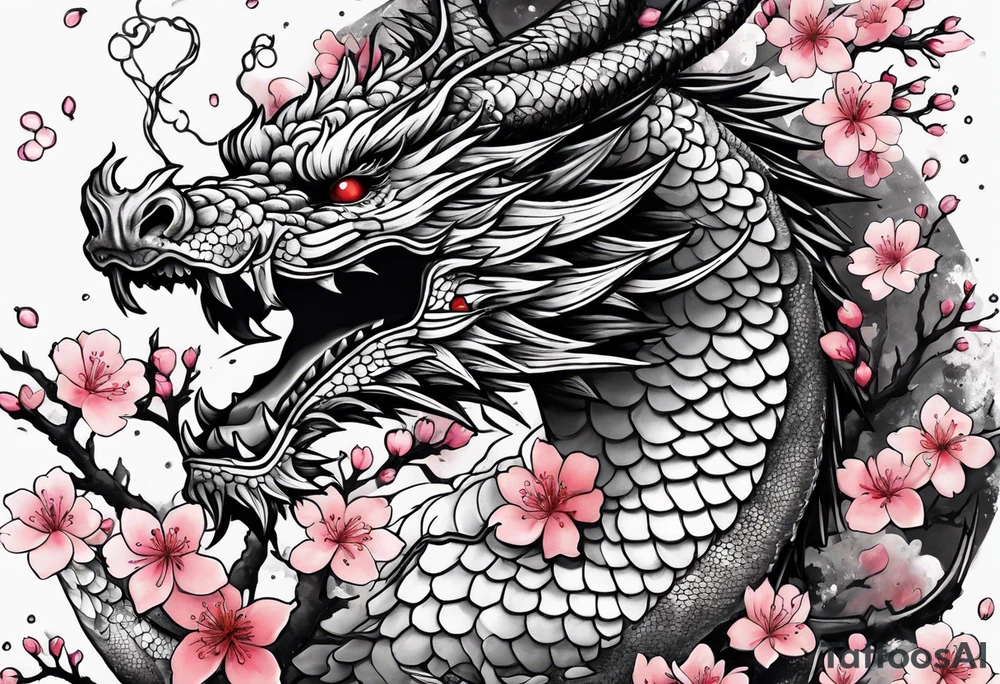 dragon with  cherry blossoms  and soot sprites tattoo idea