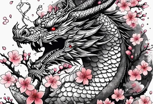 dragon with  cherry blossoms  and soot sprites tattoo idea