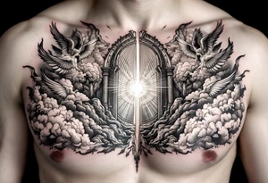 gates of heaven surrounded by angels clouds and rays of light tattoo idea