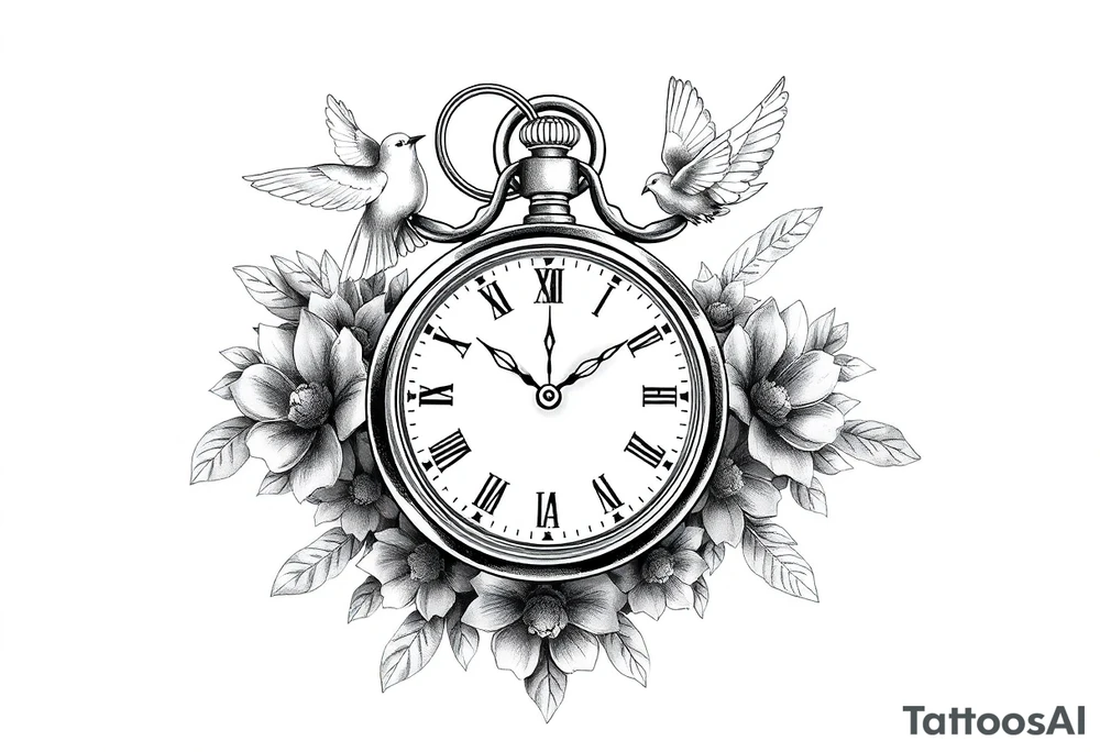 Pocket watch , surrounded by floral ornaments and dove, name spaces tattoo idea