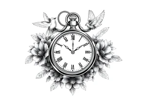 Pocket watch , surrounded by floral ornaments and dove, name spaces tattoo idea