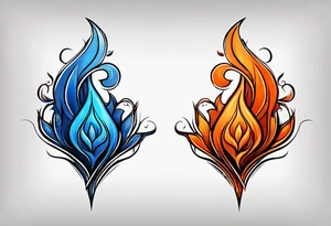 Blue and orange flame that has a half square thin line border. Twin flame symbol. Make it as small as possible. tattoo idea