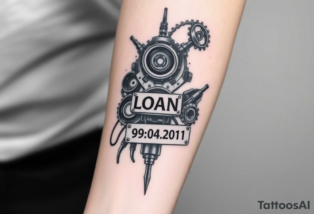 Black and grey tattoo, futuristic mechanical style, gears, pistons, and industrial elements, LOAN vertically centered, date 29.04.2011 at the bottom, time 22:47 engraved on a metal plate. Highly detailed and realistic design, suitable for inner forearm. tattoo idea
