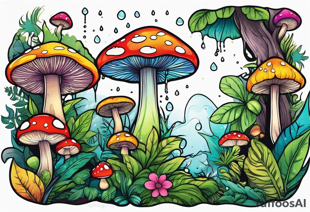 Rainforest with mushrooms and fairies and dew drops tattoo idea